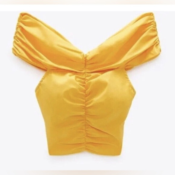 Zara off the shoulder bright yellow ruched crop top size small - Picture 3 of 9